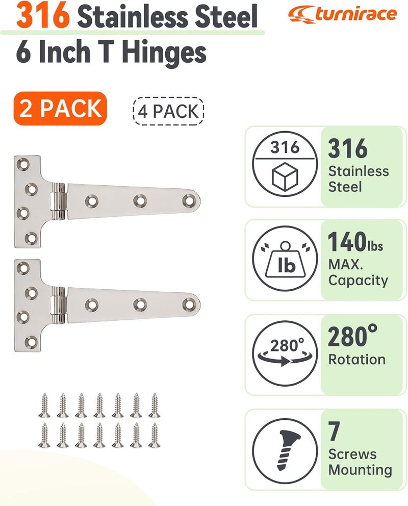 Turnirace 316 Stainless Steel 6 in x 3 in T Hinges, Marine Grade Heavy Duty Hinges with Screws for Hatch, Yacht, Gate, Door, Fence, Barn, Cabinets, Windows (2 Pack) - Image 2